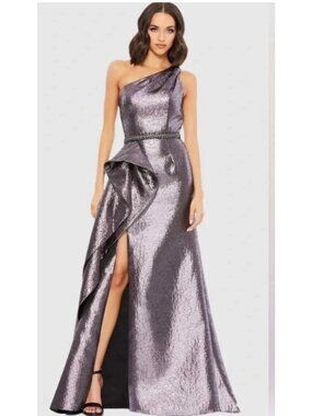 Mac Duggal Gown Dress Womens Size 4 Metallic Ruffled Rhinestone 66975 $598